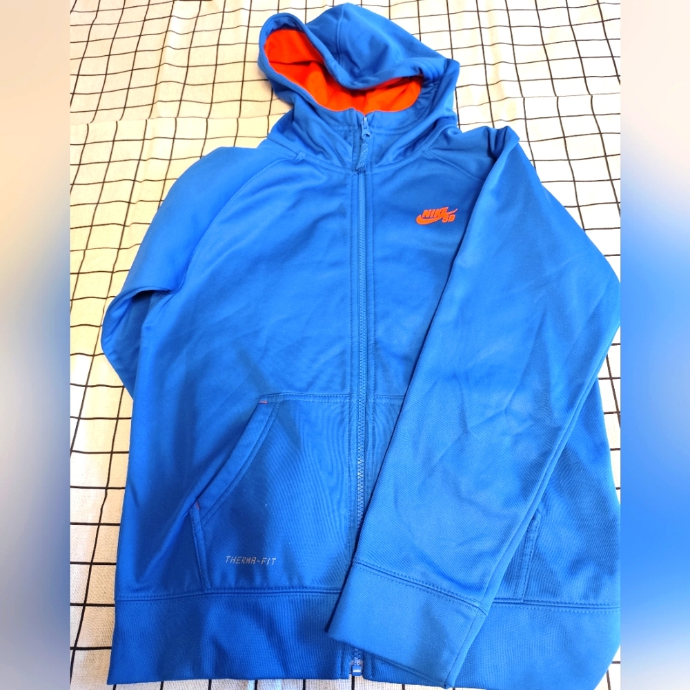 3/$30💜Nike SB Hoodie Boys Large Blue Orange Swoosh Logo Full Zip Sweatshirt